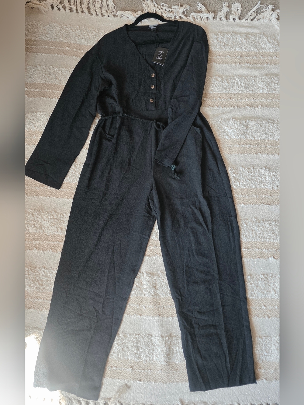 Black Long-Sleeve Button Braided Tie Belt Jumpsuit Large Button Light